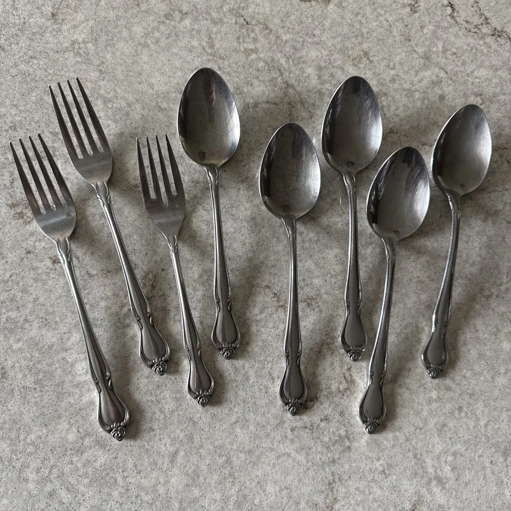 Vintage Ekco Eterna Regal Rose Flatware Set Forks Spoons Stainless Lot of 8 Read